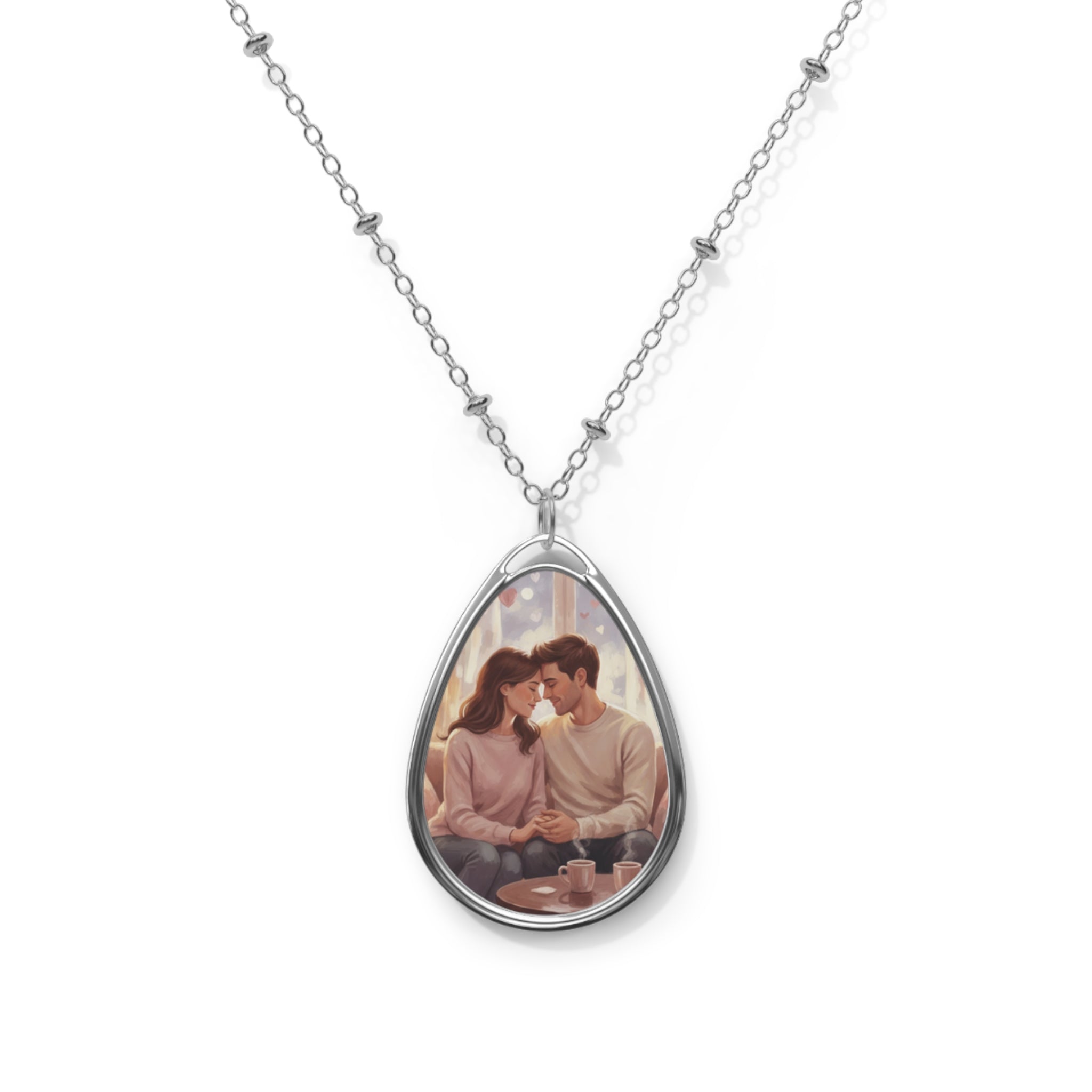 Personalized Oval Photo Necklace — Engraved Teardrop Valentine day Pendant Gift